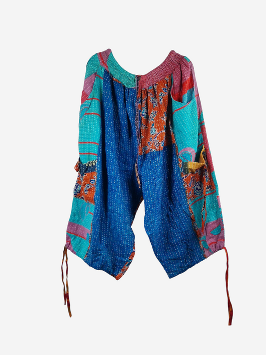 She Lives Beauty colorful vintage cotton Kantha cargo jogger capris with unique patchwork patterns and utility pockets