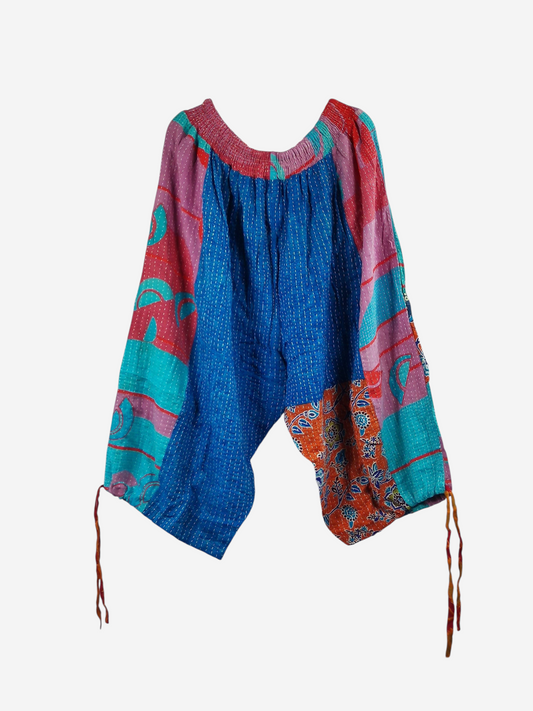 She Lives Beauty Roam Free capri cargo joggers made from colorful vintage kantha stitched cotton sari fabric
