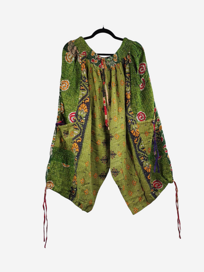 She Lives Beauty green vintage cotton kantha cargo joggers with colorful floral patterns and drawstring capri hems.