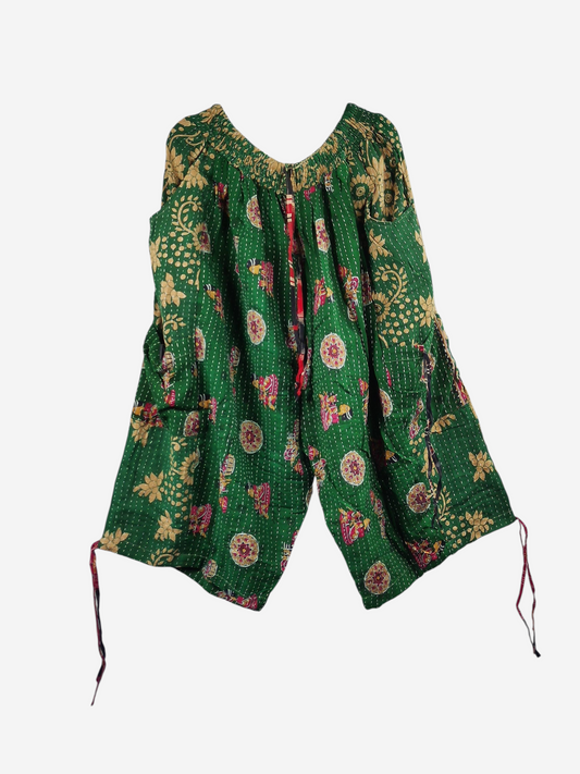 She Lives Beauty green vintage cotton kantha cargo capri joggers with bohemian floral patterns and utility pockets.
