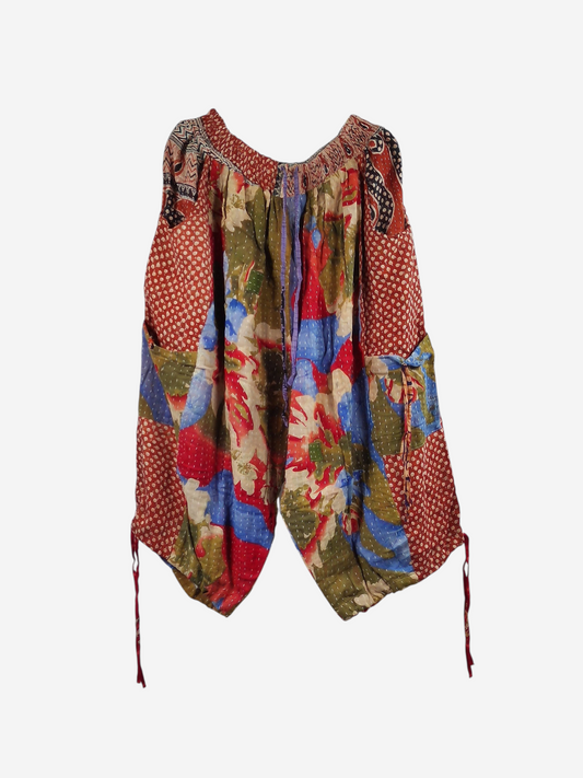 She Lives Beauty vintage cotton kantha cargo jogger capris with colorful patchwork patterns and utility pockets