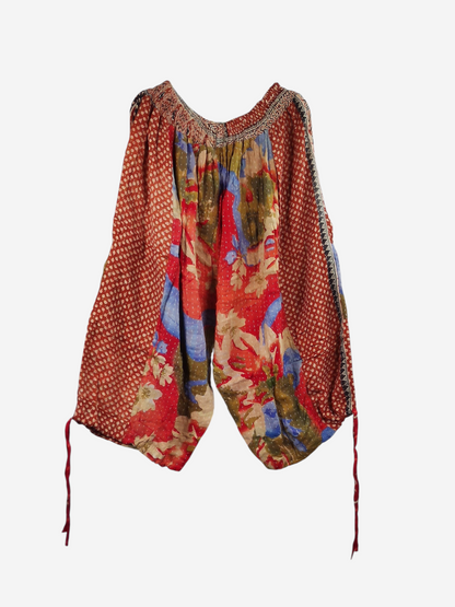 She Lives Beauty vintage cotton kantha cargo capri joggers with colorful floral patterns and drawstring hems.