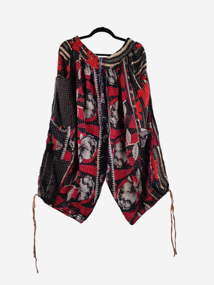 She Lives Beauty vintage cotton kantha cargo capri joggers in red and black with floral patterns and utility pockets.