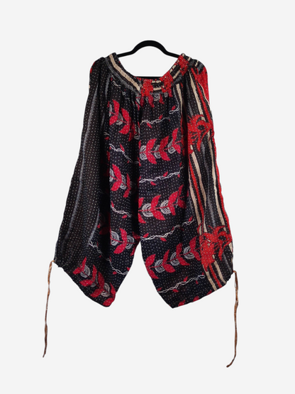 She Lives Beauty vintage cotton kantha capri joggers in black and red with unique hand-stitched patterns.