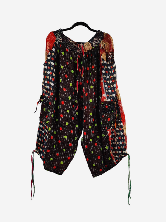 She Lives Beauty Roam Free capri cargo joggers made from vintage kantha cotton with colorful polka dot patterns.