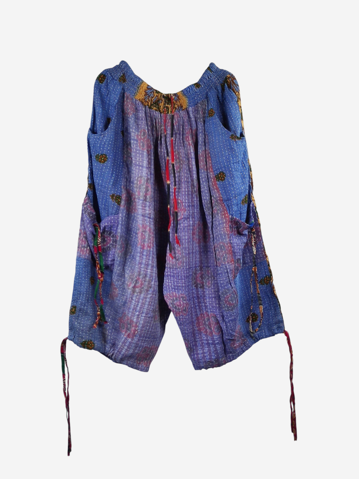 She Lives Beauty blue vintage cotton kantha cargo capri joggers with unique patterns and utility pockets