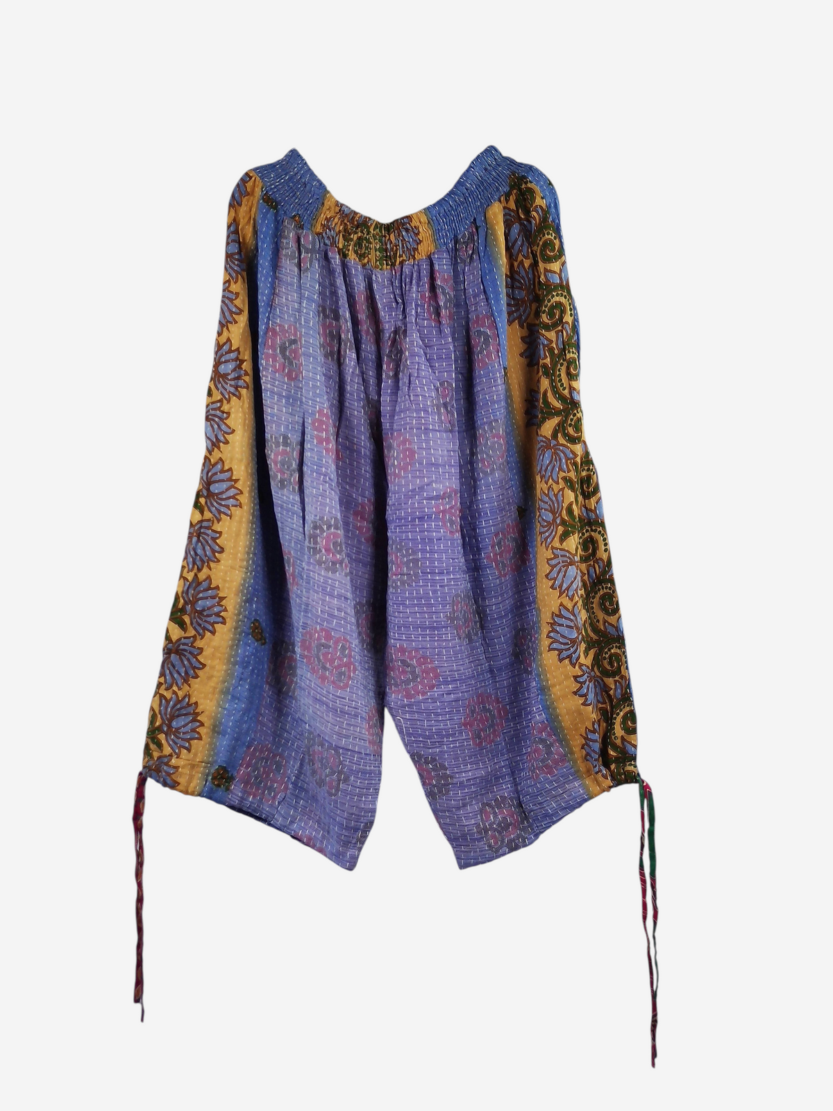 She Lives Beauty capri cargo joggers made from vintage kantha stitched cotton in purple and yellow floral patterns.