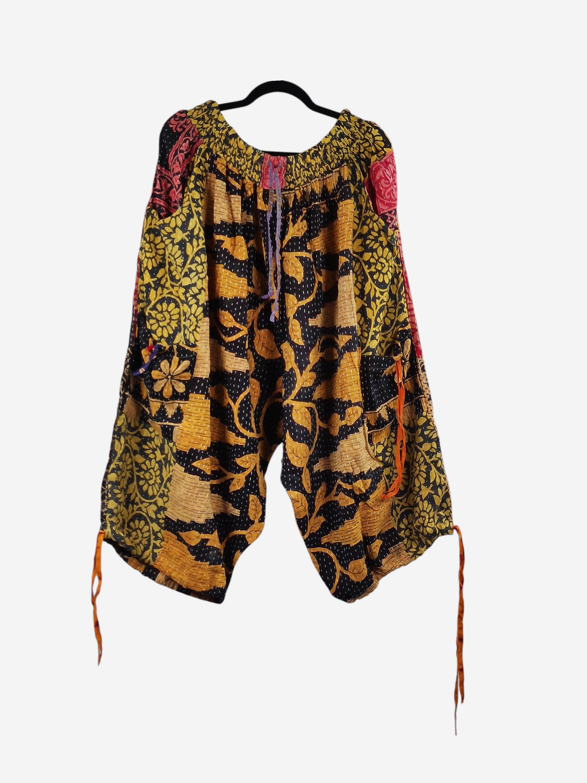 She Lives Beauty vintage cotton kantha cargo capri joggers with colorful floral patterns and utility pockets.