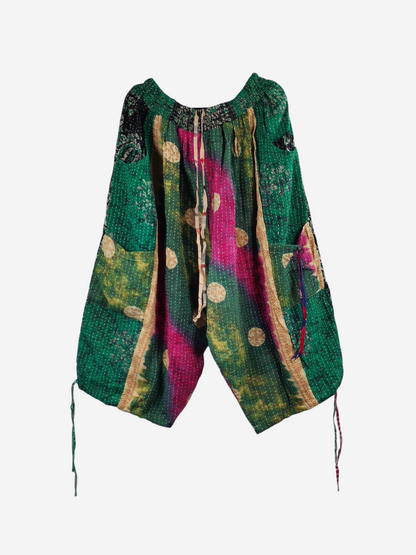 She Lives Beauty green and pink vintage kantha cotton cargo jogger capris with unique hand-stitched patterns.