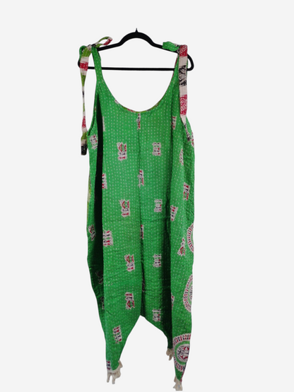 She Lives Beauty green vintage cotton kantha jumpsuit with harem silhouette and capri length on a hanger