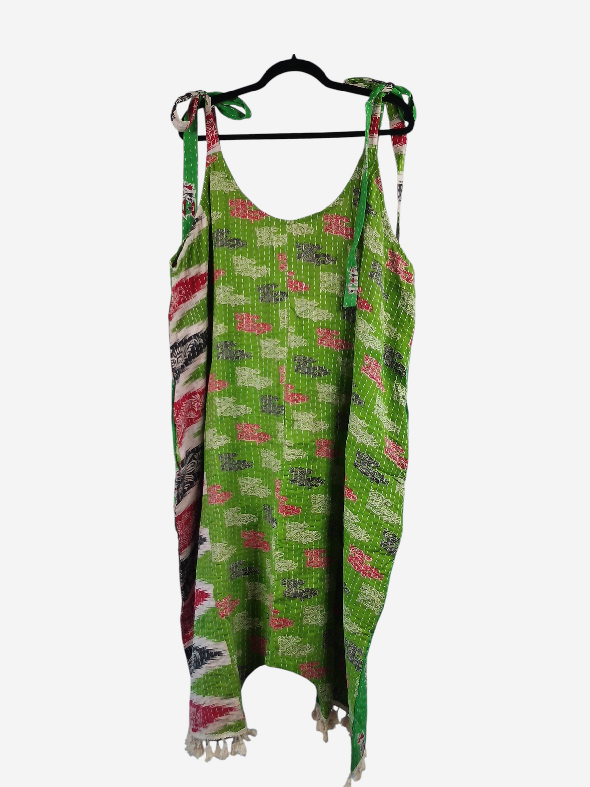 She Lives Beauty bohemian harem capri jumpsuit made from green vintage kantha cotton with unique stitched patterns