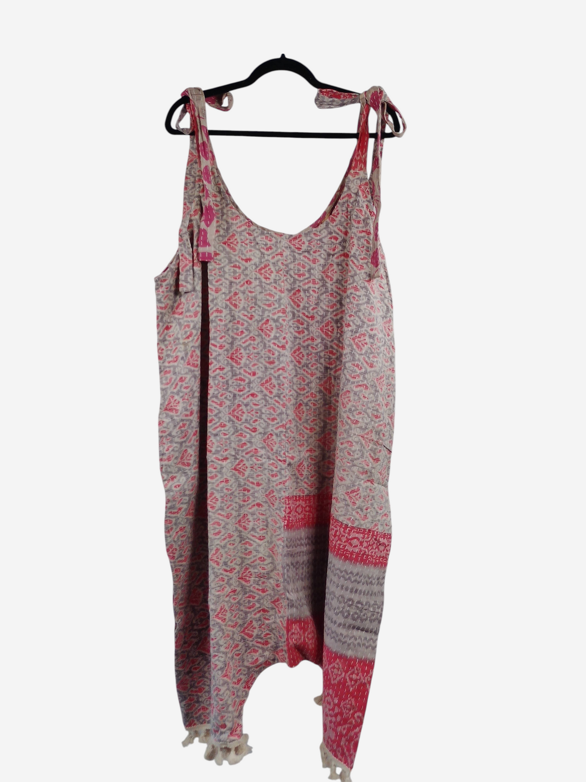 She Lives Beauty bohemian harem jumpsuit in vintage cotton with pink and grey kantha stitching and tie-shoulder straps