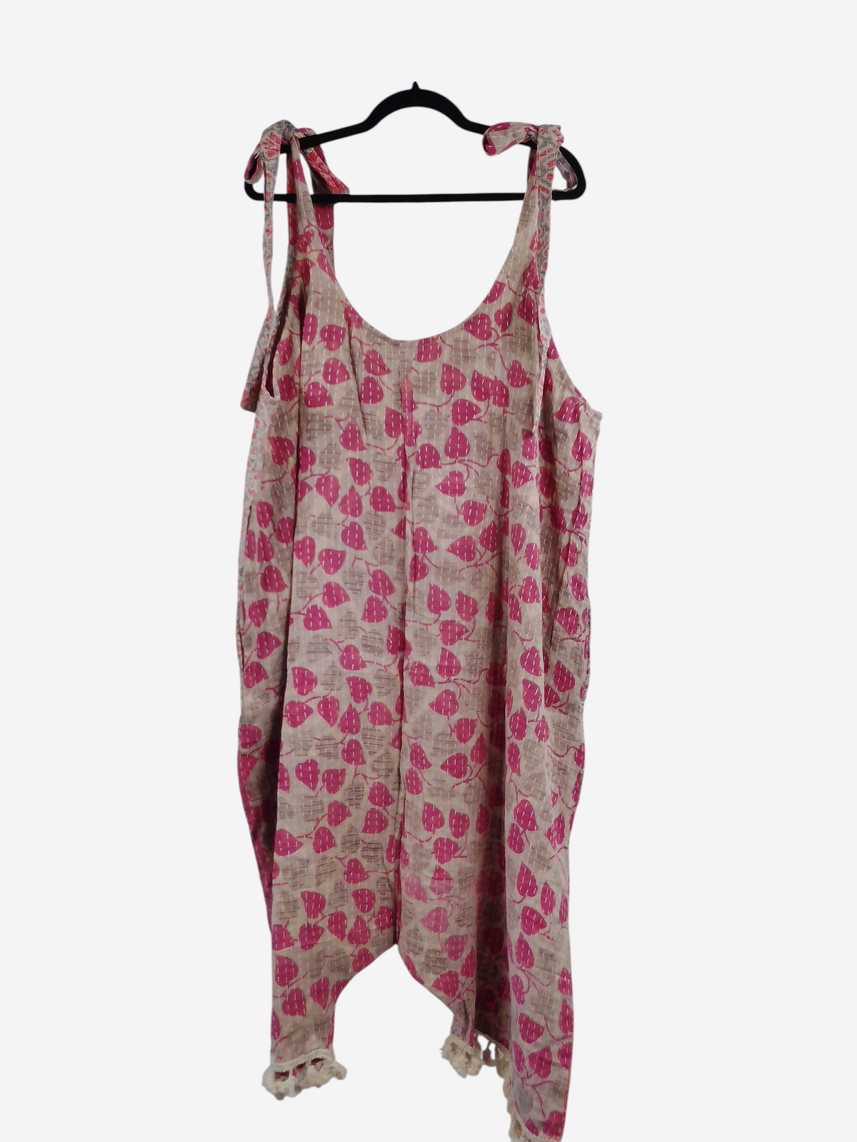 She Lives Beauty bohemian harem capri jumpsuit in beige cotton with pink leaf print and hand-stitched kantha detail.