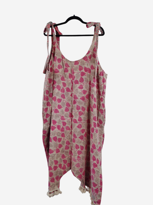 She Lives Beauty bohemian harem capri jumpsuit in beige cotton with pink leaf print and hand-stitched kantha detail.