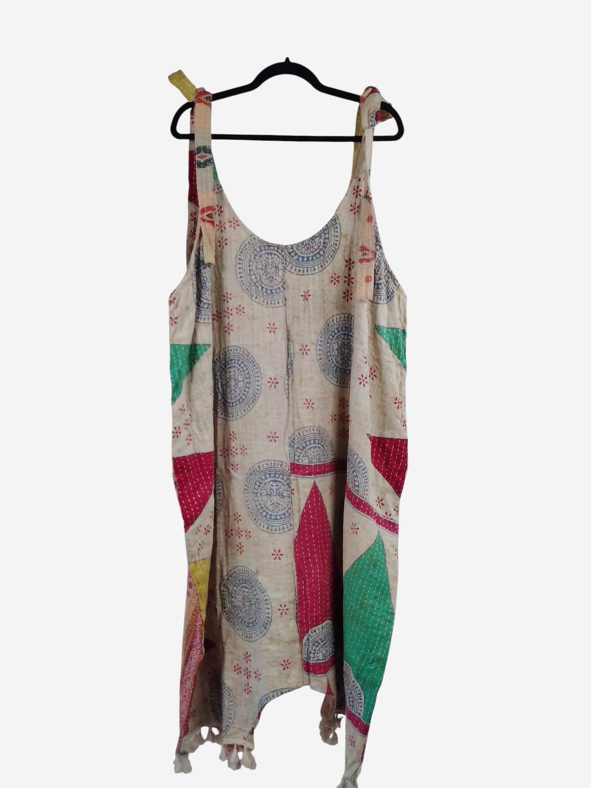 She Lives Beauty bohemian harem jumpsuit in vintage cotton with colorful kantha stitch patterns and capri length
