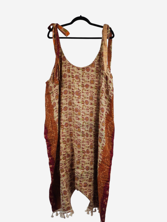 She Lives Beauty bohemian harem jumpsuit in vintage kantha cotton with capri-length legs and patterned fabric