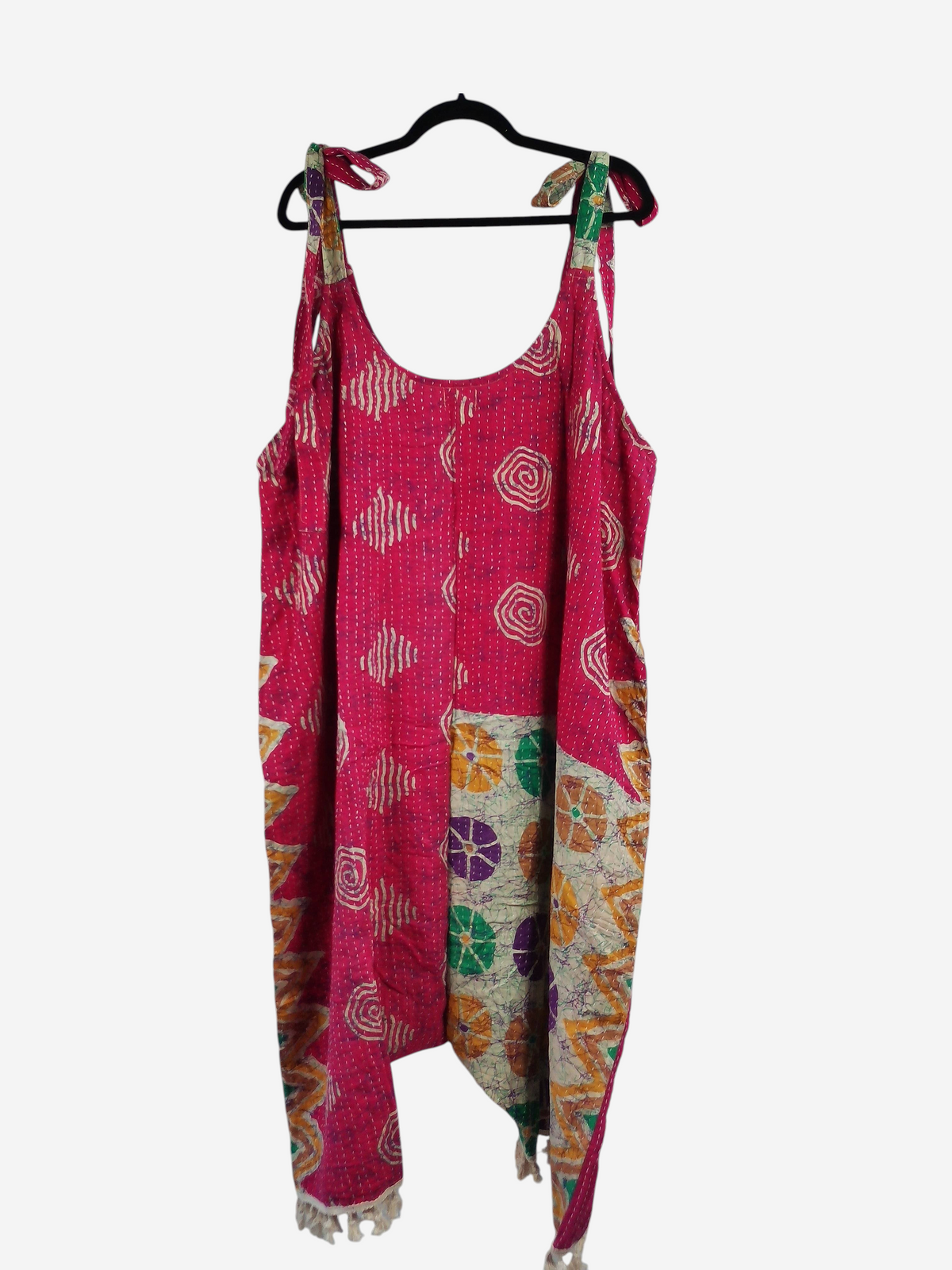 She Lives Beauty bohemian harem capri jumpsuit made from pink vintage kantha cotton with unique stitched patterns