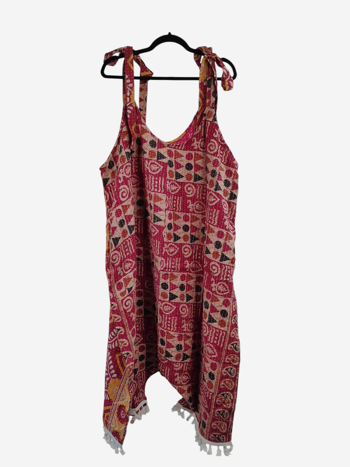 She Lives Beauty bohemian harem capri jumpsuit in red vintage cotton with intricate kantha stitching and tie straps