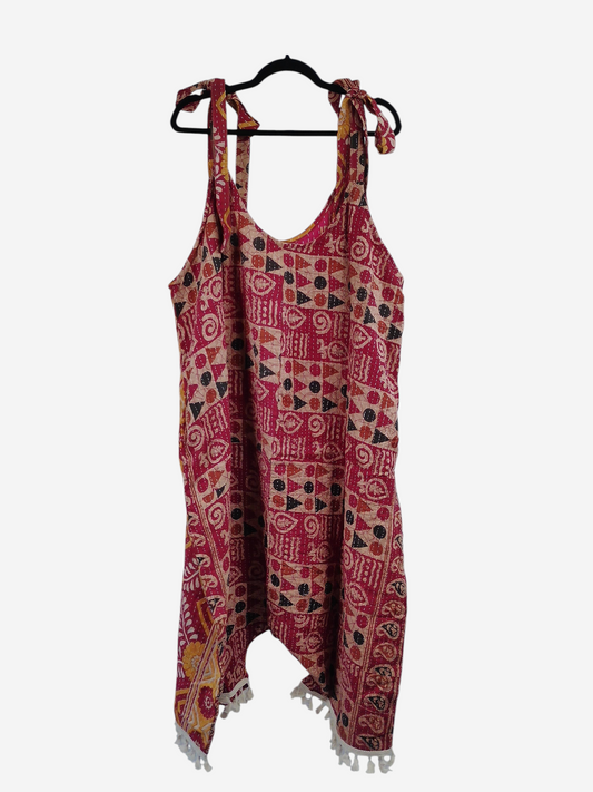 She Lives Beauty bohemian harem capri jumpsuit in red vintage cotton with intricate kantha stitching and tie straps