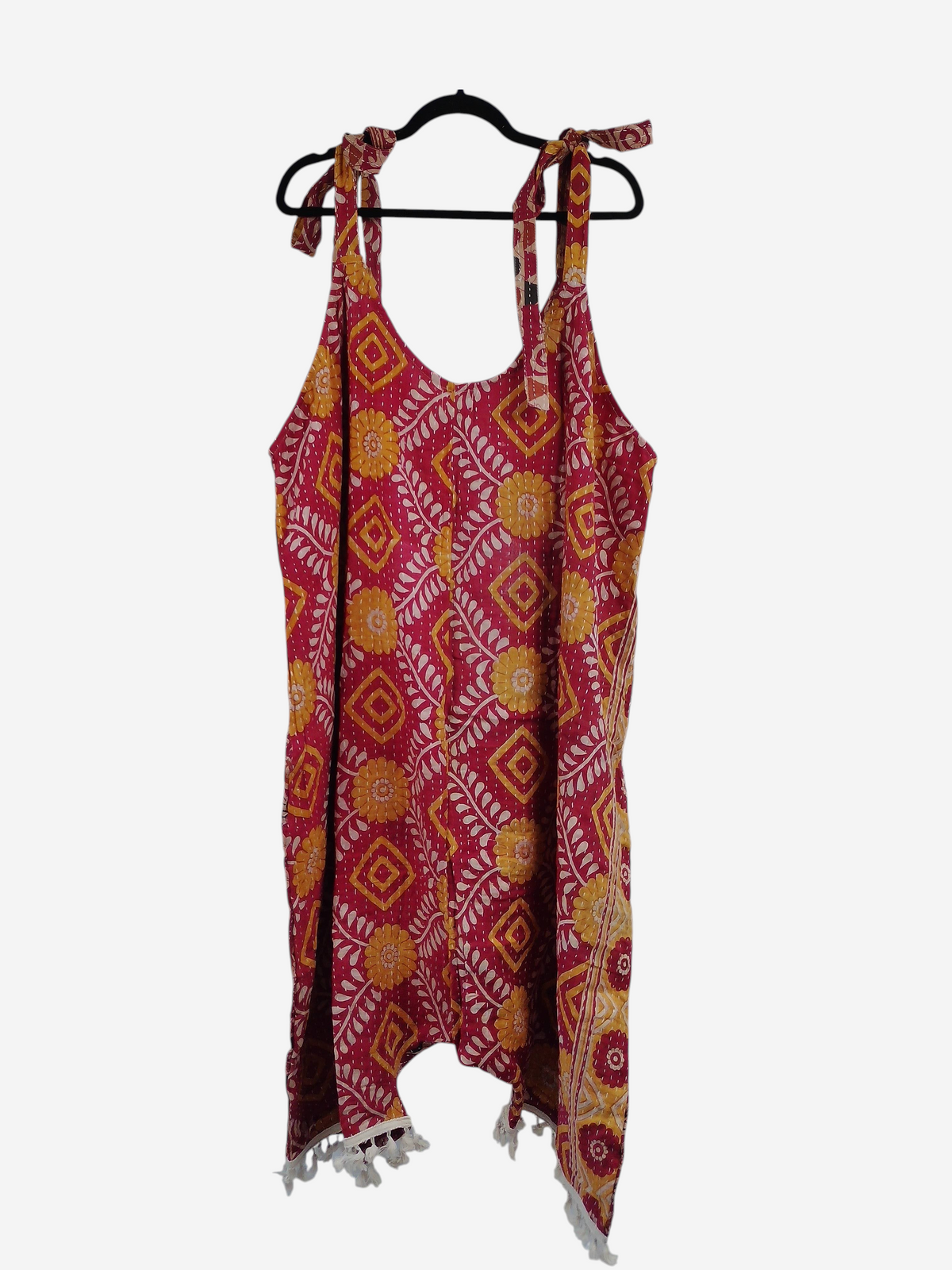 She Lives Beauty bohemian harem jumpsuit in red and yellow vintage kantha cotton with floral patterns and tie straps.