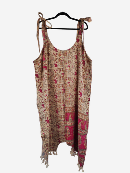 She Lives Beauty bohemian harem capri jumpsuit made from vintage kantha cotton with pink and beige elephant patterns
