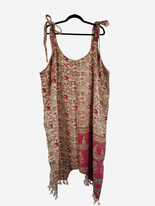 She Lives Beauty bohemian harem capri jumpsuit made from vintage kantha cotton with pink and beige elephant patterns