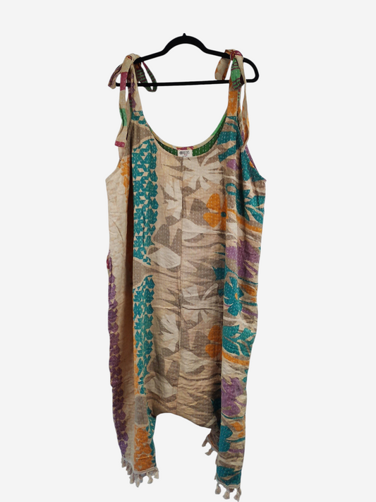 She Lives Beauty bohemian harem capri jumpsuit made from vintage kantha stitched cotton with colorful floral patterns