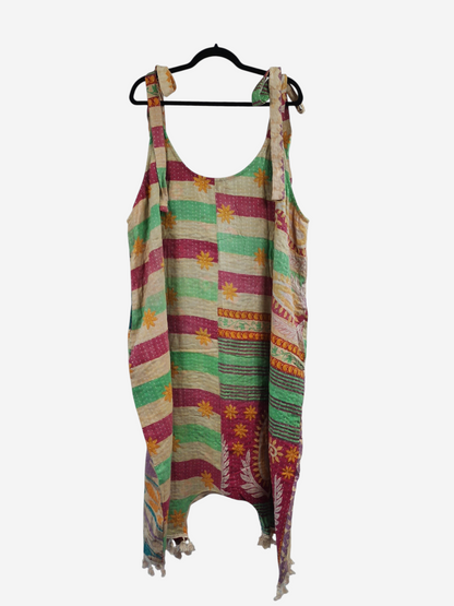 She Lives Beauty bohemian harem capri jumpsuit made from vintage kantha stitched cotton with colorful striped patterns