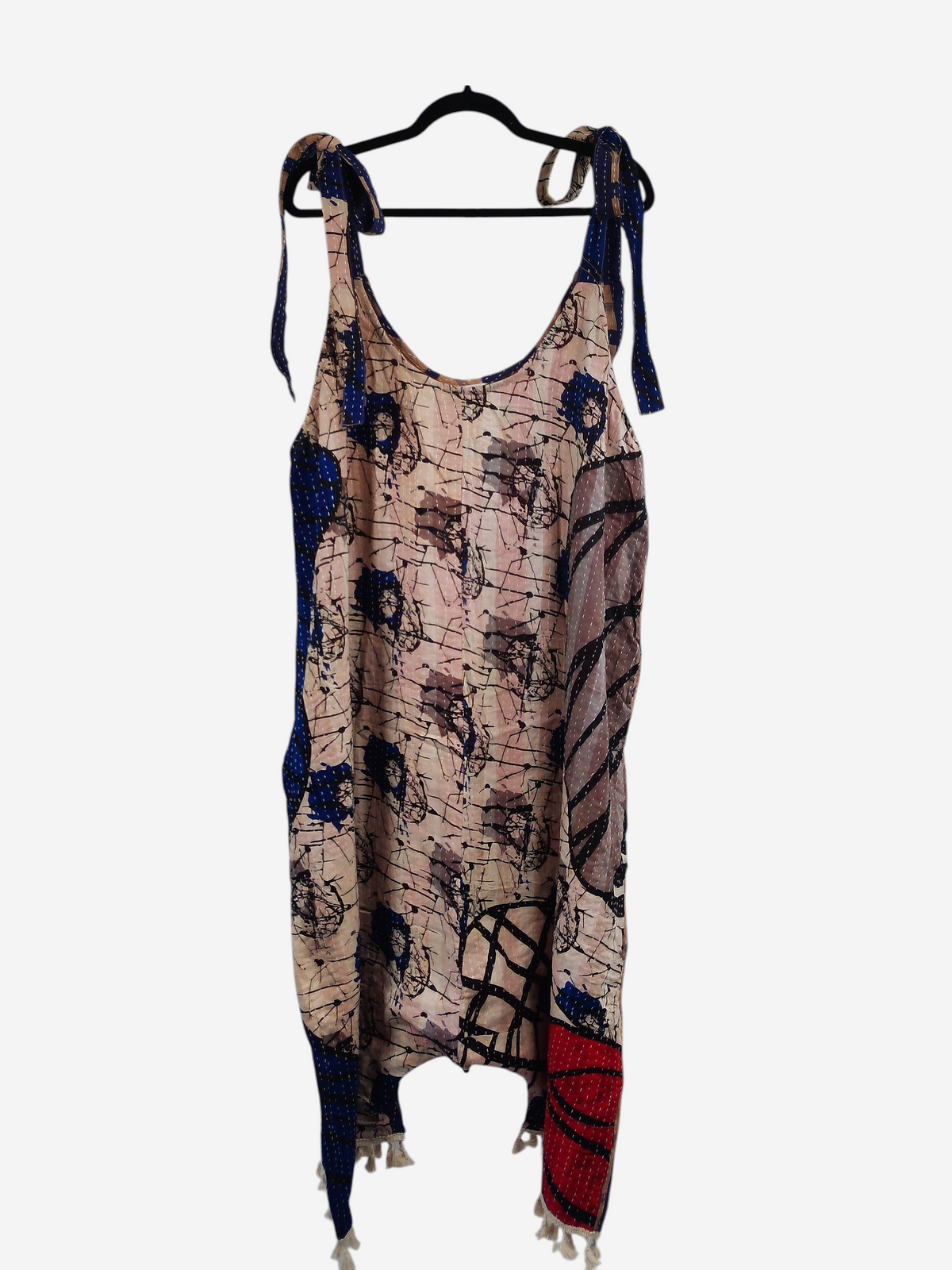 She Lives Beauty bohemian harem jumpsuit made from vintage kantha stitched cotton with blue and patterned accents