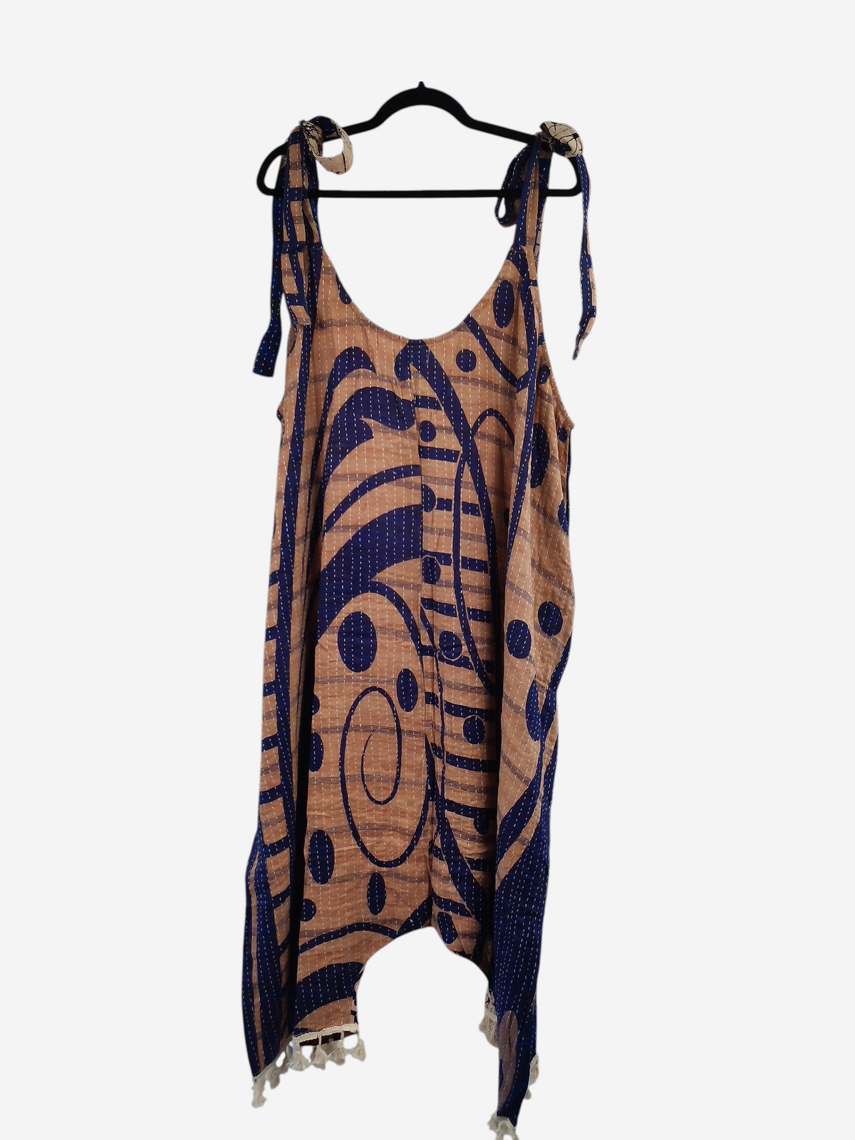 She Lives Beauty bohemian harem jumpsuit in tan and navy vintage kantha cotton with tie straps and capri length