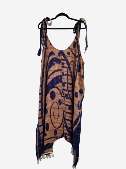 She Lives Beauty bohemian harem jumpsuit in tan and navy vintage kantha cotton with tie straps and capri length