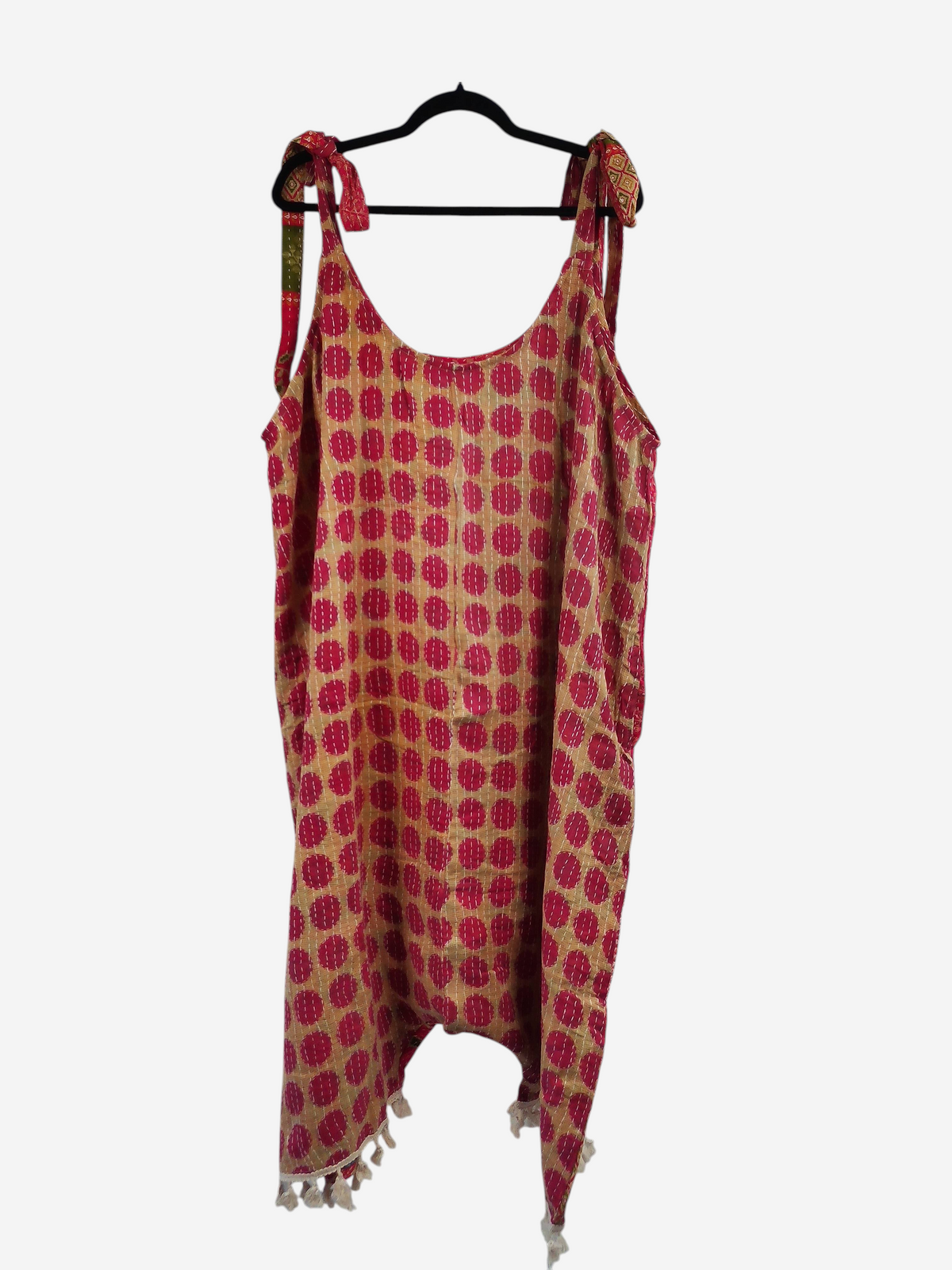 She Lives Beauty bohemian harem jumpsuit in red and tan vintage kantha cotton with a polka dot pattern