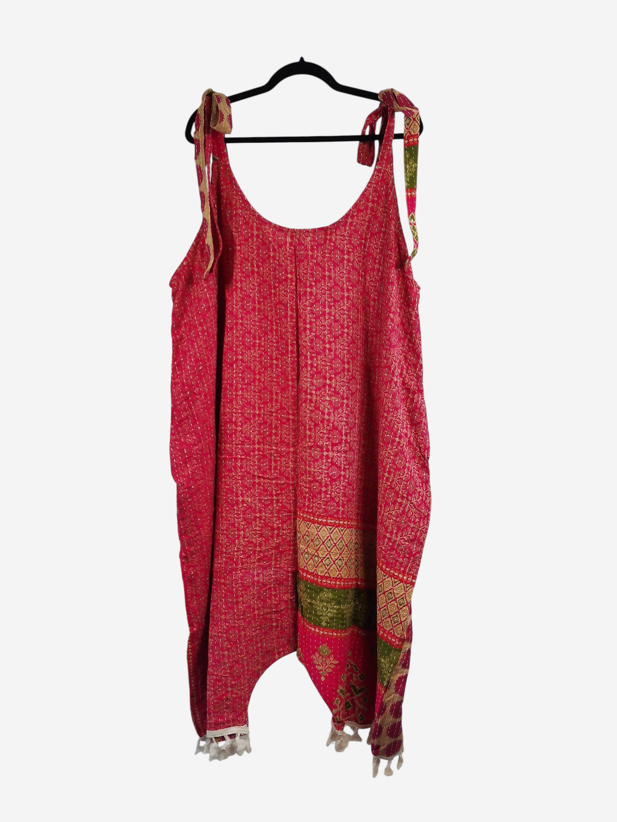 She Lives Beauty red vintage kantha cotton harem jumpsuit with capri length legs and tie shoulder straps