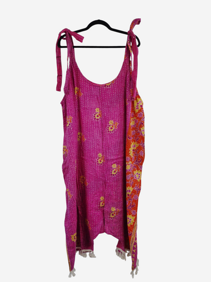 She Lives Beauty bohemian harem jumpsuit in pink vintage kantha cotton with floral patterns and tie-shoulder straps