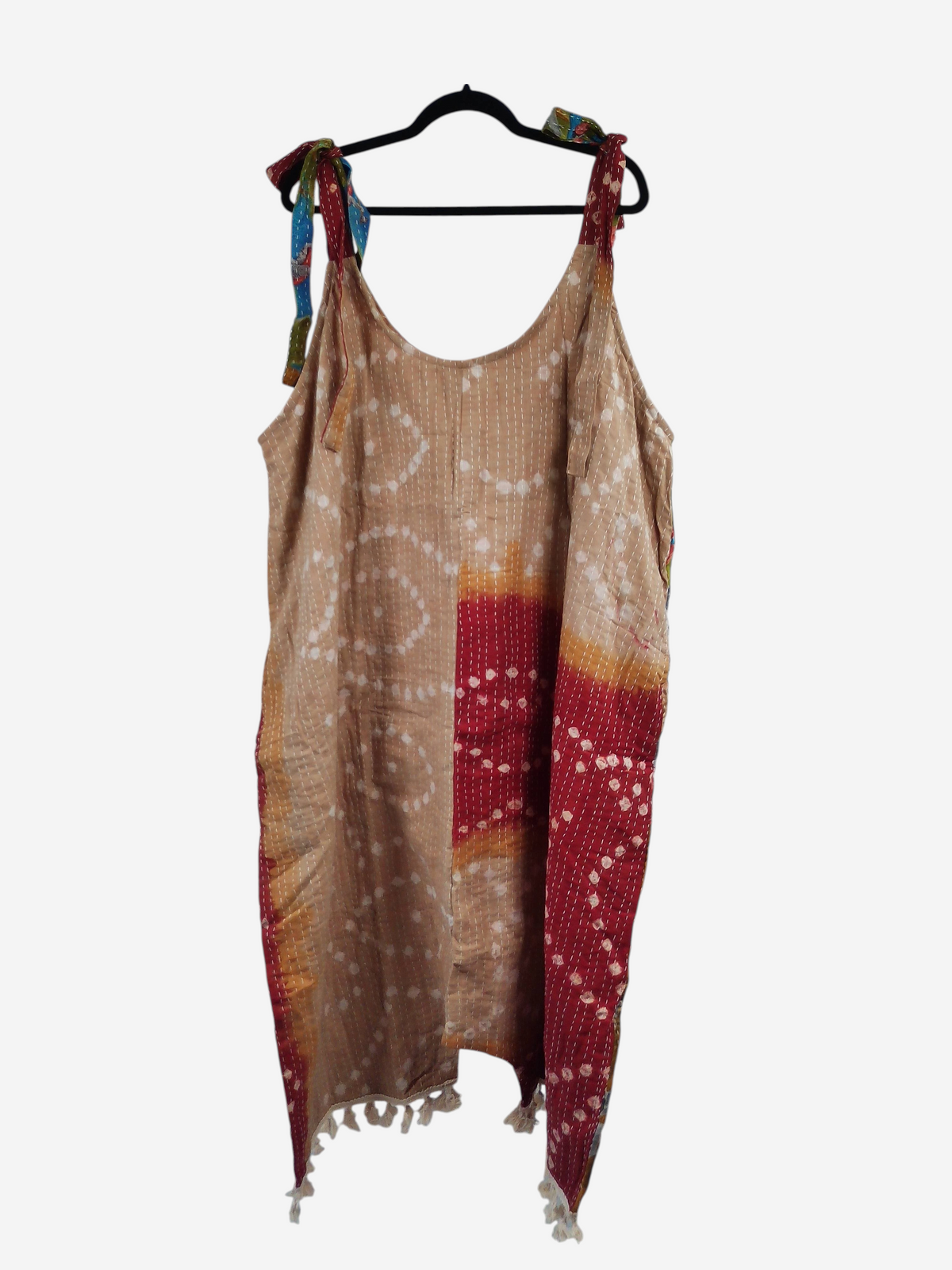 She Lives Beauty bohemian harem jumpsuit made from vintage kantha stitched cotton with red and beige patterns