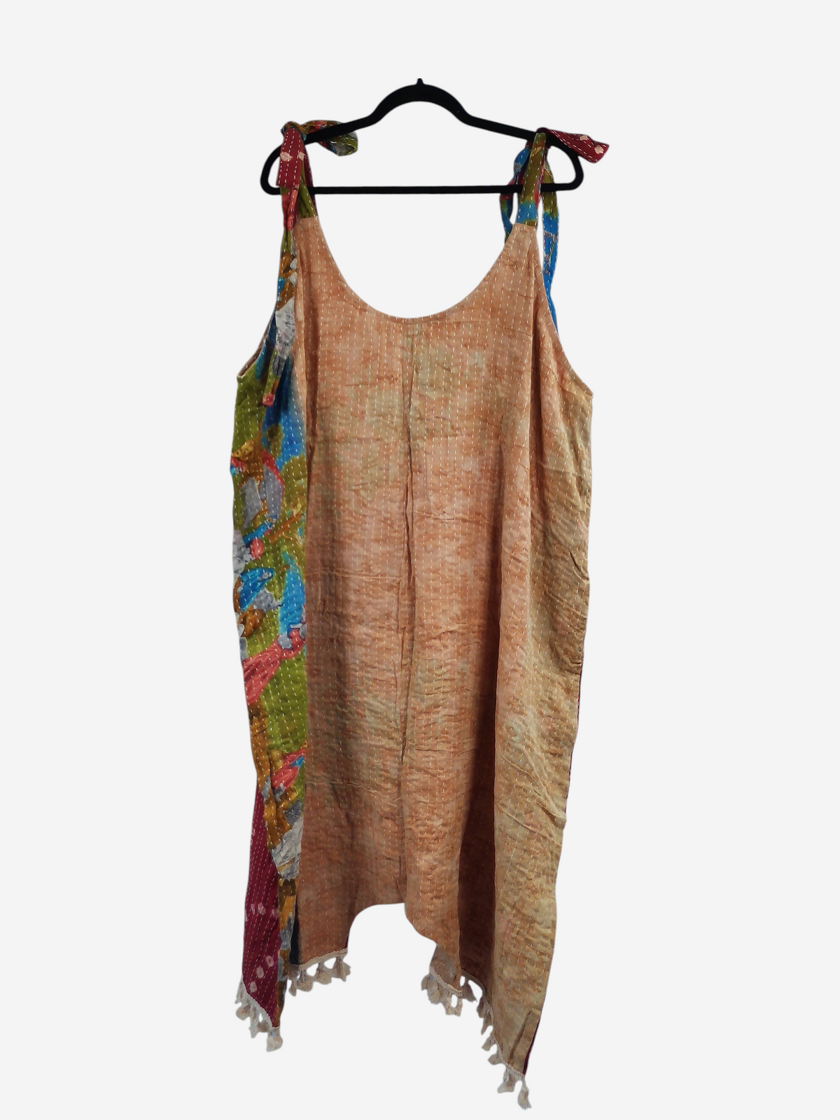 She Lives Beauty bohemian harem jumpsuit made from vintage kantha cotton saris with colorful patchwork and fringe