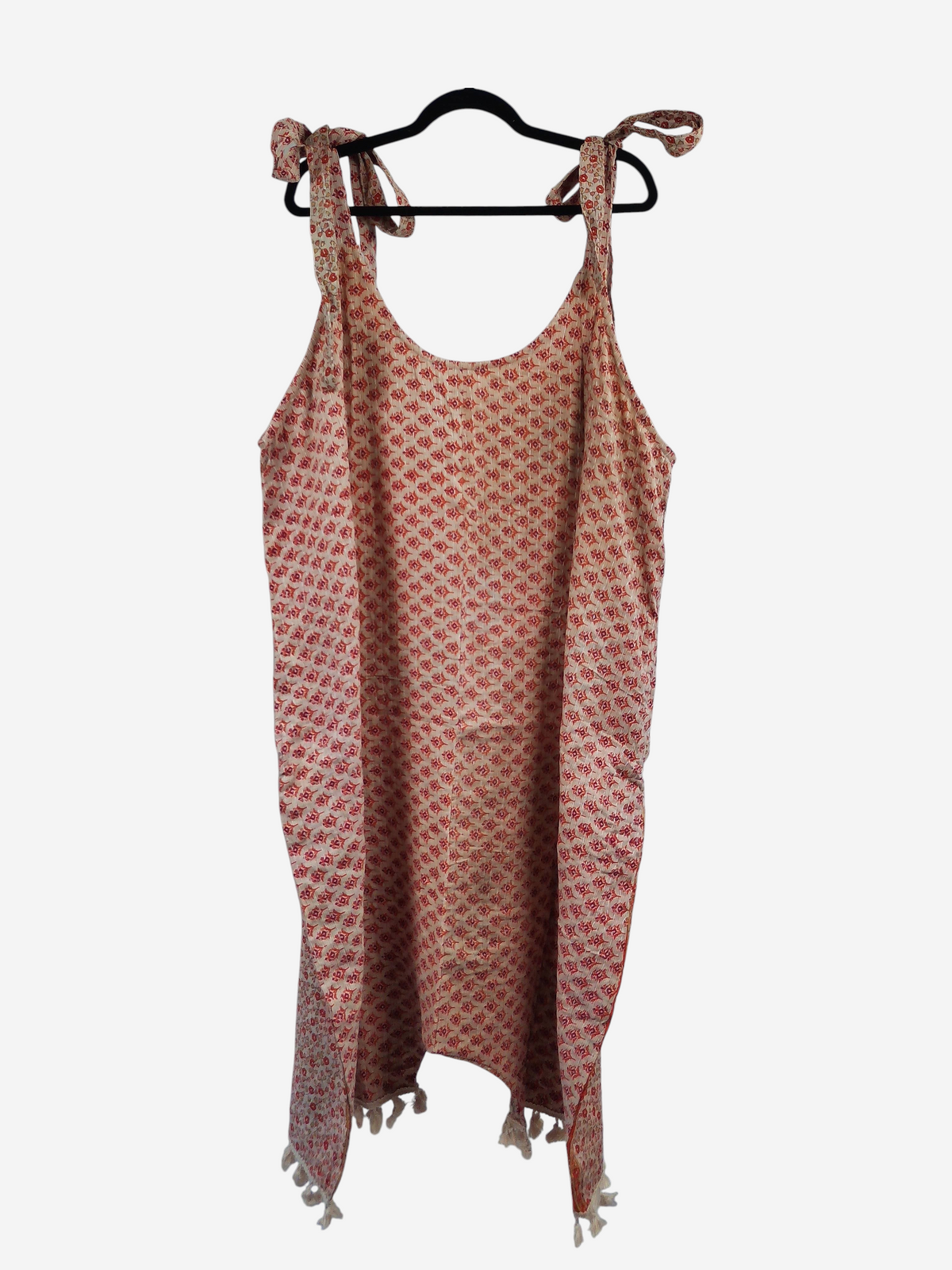 She Lives Beauty bohemian harem jumpsuit in vintage cotton with red floral kantha stitching and tie-shoulder straps.