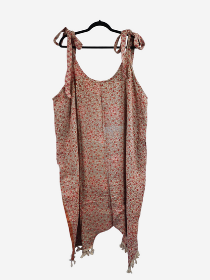 She Lives Beauty bohemian harem capri jumpsuit in vintage cotton with red floral kantha stitching and tie straps.