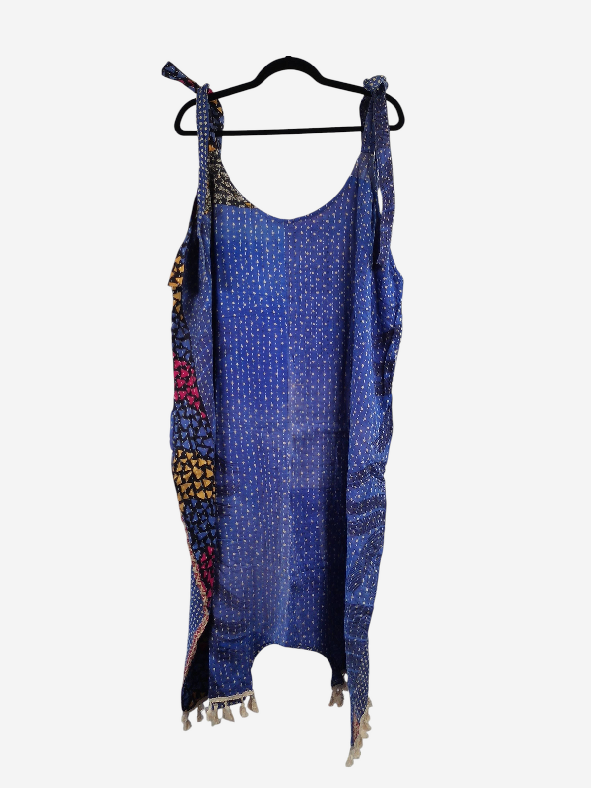 She Lives Beauty bohemian harem capri jumpsuit made from blue vintage kantha cotton sari with colorful side panels