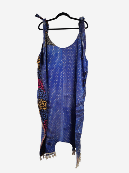 She Lives Beauty bohemian harem capri jumpsuit made from blue vintage kantha cotton sari with colorful side panels