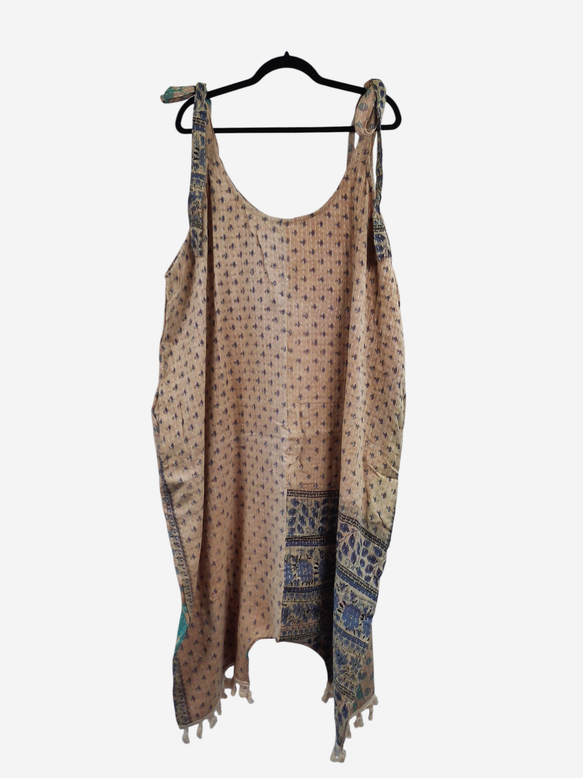 She Lives Beauty bohemian harem jumpsuit in vintage beige cotton with blue kantha stitching and capri-length legs.