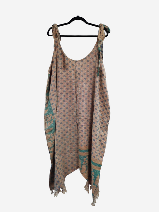 She Lives Beauty bohemian harem capri jumpsuit made from vintage kantha stitched cotton with a patterned print.