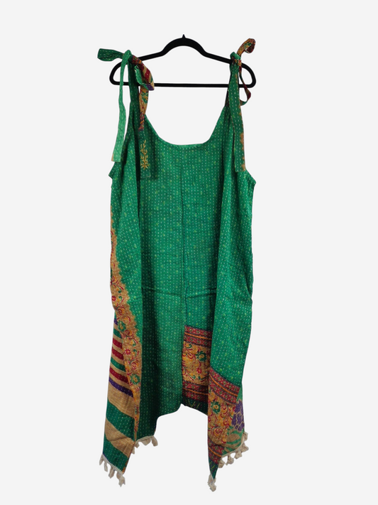 She Lives Beauty green vintage kantha cotton harem jumpsuit with capri length and unique hand stitched patterns