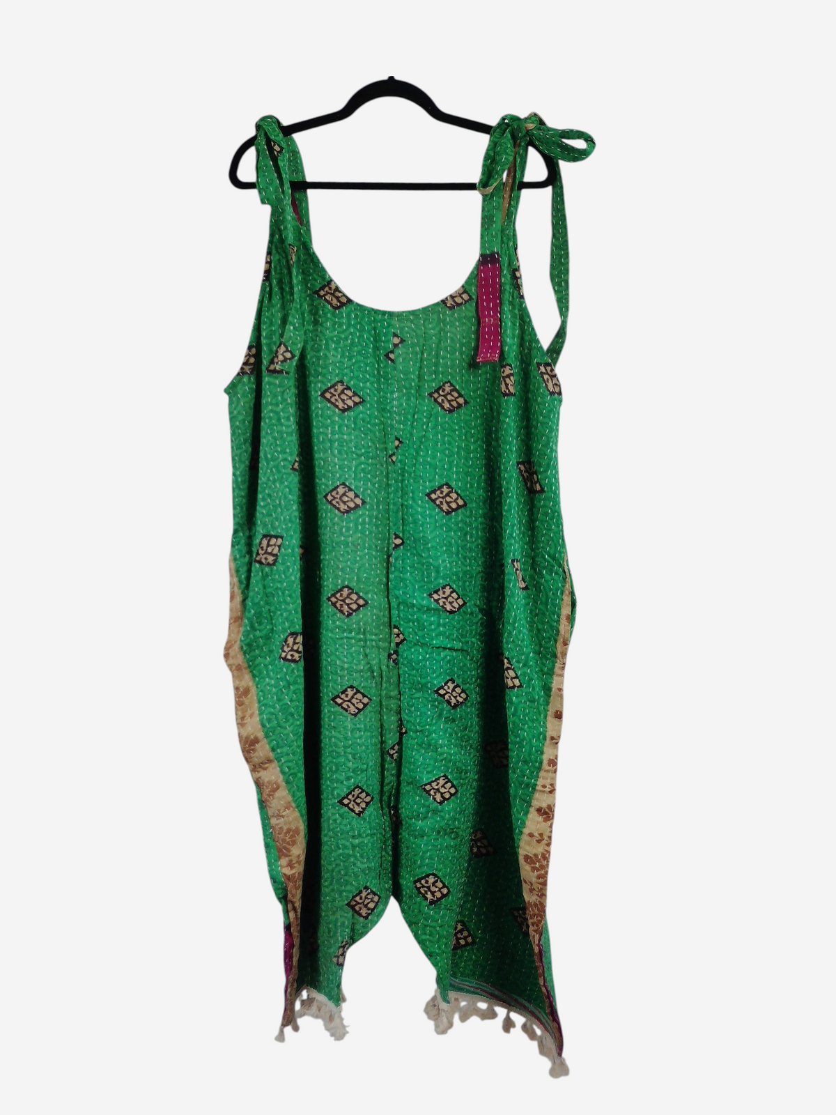 She Lives Beauty green vintage kantha cotton harem jumpsuit with capri length legs and bohemian stitched patterns.