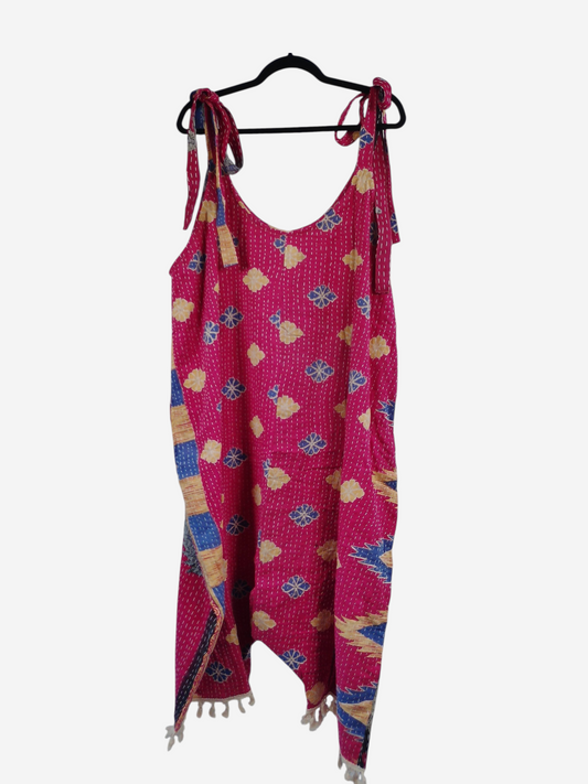 She Lives Beauty bohemian harem jumpsuit in pink vintage kantha cotton with blue and yellow floral patterns.