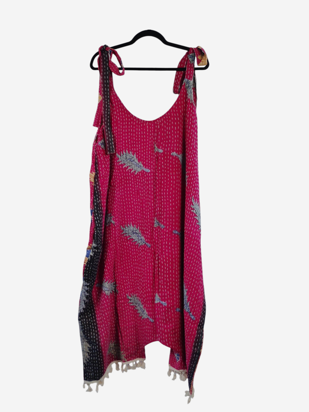 She Lives Beauty bohemian harem jumpsuit in pink vintage kantha cotton with capri length and tassel hem detail
