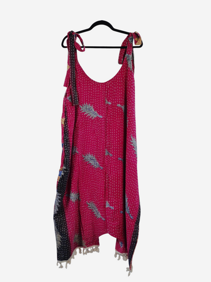 She Lives Beauty bohemian harem jumpsuit in pink vintage kantha cotton with capri length and tassel hem detail