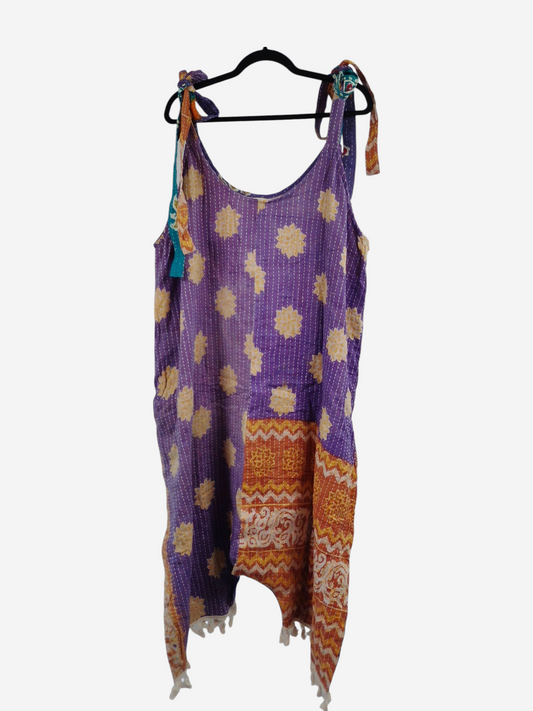 She Lives Beauty bohemian harem capri jumpsuit in purple vintage cotton with floral kantha stitching and tie straps