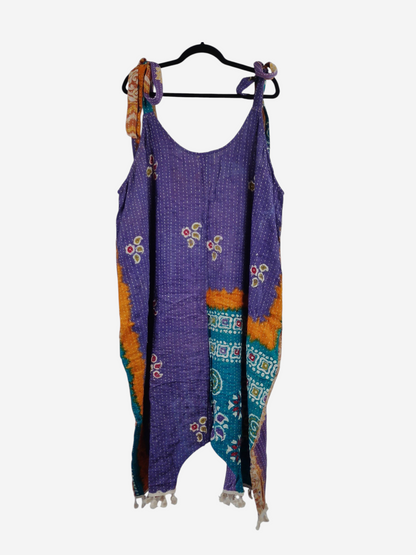 She Lives Beauty purple vintage cotton kantha jumpsuit with harem capri silhouette and colorful patterned panels