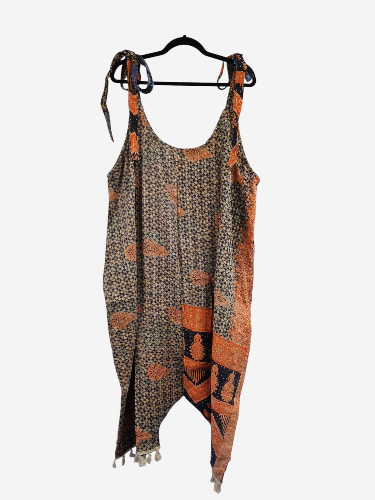 She Lives Beauty bohemian harem jumpsuit in vintage cotton kantha fabric with orange and grey patterned print